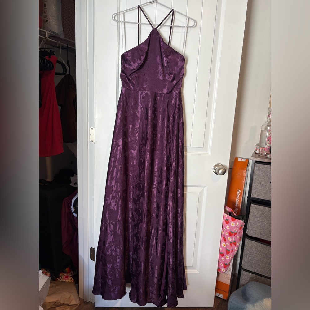 Lulu's “Elegant Sophistication Purple Satin Jacquard Halter Maxi Dress” - Picture 3 of 9